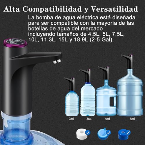 Autbye Dispensador de Agua Garrafon Bomba Electrica con Carga USB, Negro | Bomba de Agua Portátil con 2 Modos. Ideal para Garrafón de 4.5L a 18.9L, Cocina, Camping y Oficina