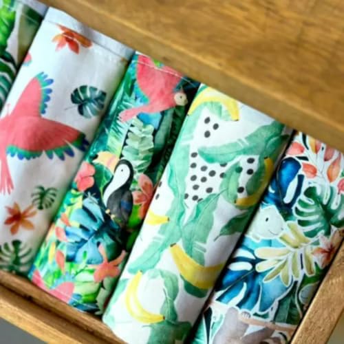 Kit 5 Panos de Prato com Saquinho Presenteável 100% Algodão - Ceci Petit Home - Cores da Amazônia