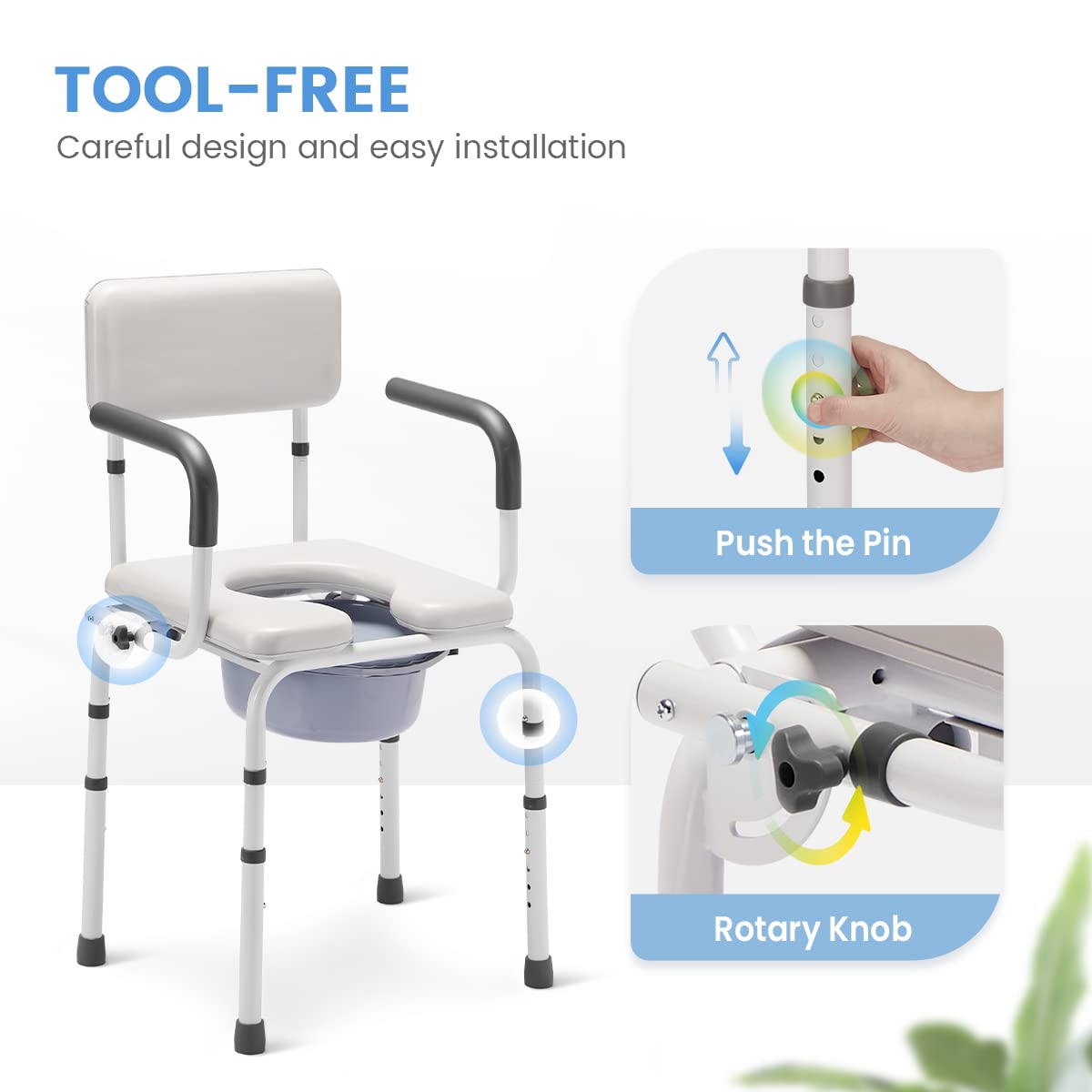 OasisSpace Heavy Duty Padded Drop Arm Commode, Bedside Commodes for Seniors, Commode Chair for Toilet with Arms & Removable Bucket in Bathroom or Bedroom