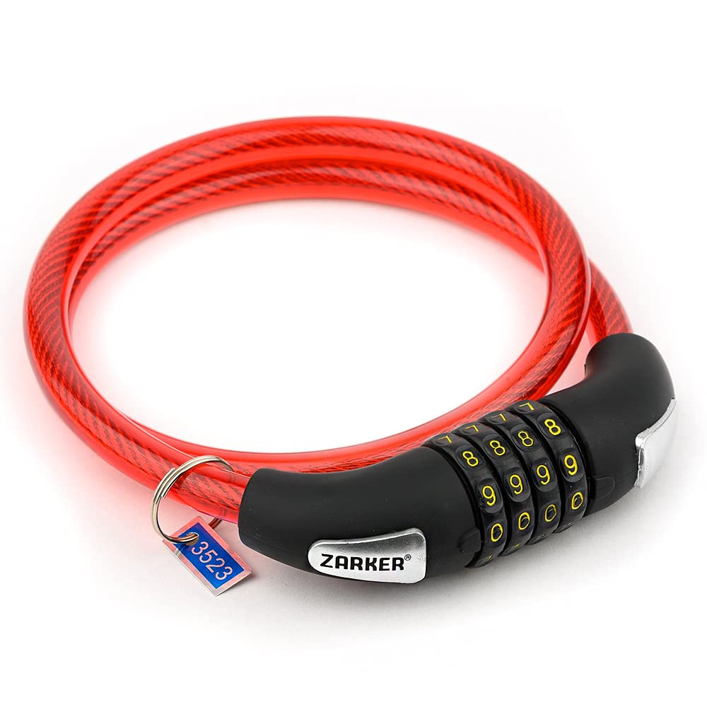 [ZARKER NO90] Bike Lock - 3 Feet High Security 4 Digit Resettable Combination Coiling Bike Cable Lock, 0.9m x 12mm - Red