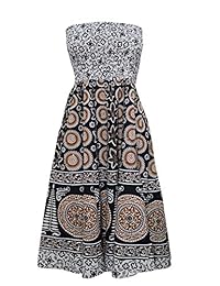 Mogul Womens Gypsy Strapless Chakra Printed Cotton Dresses S