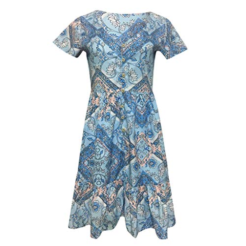 Keliay Bargain Womens Casual High Waist Bohemia Print V Neck Button National Style Midi Dress Blue