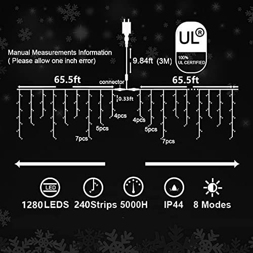 JXLEDAYY Christmas Lights Super Long 1280 LED 131 FT LED String Lights with 240 Drops Plug in 8