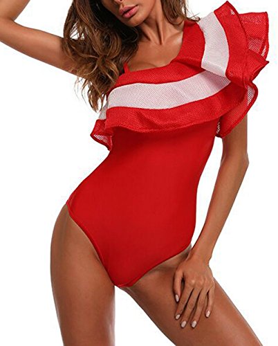 tengweng Women's Striped One Shoulder Ruffle Flounce One Piece Bikini Swimsuit Monokini M Reda