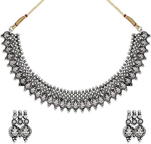Om JewellsTemple Jewellery Silver Oxidised Antique Laxmi Choker Necklace Set/Jewellery Set Designed For Girls And Women NL1000557