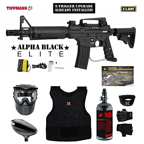 Tippmann U.S. Army Alpha Black Elite Tactical w/ E-Grip Beginner Protective HPA Paintball Gun Package - Black