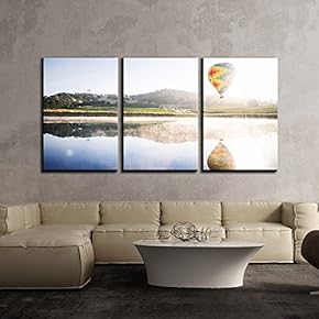 3 Piece Canvas Wall Art - Landscape of Hot-Air Balloon with Reflection in Lake - Modern Home Art Stretched and Framed Ready to Hang - 16"x24"x3 Panels