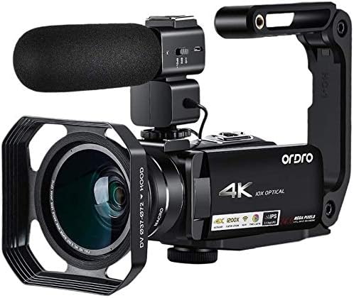 Video Digicam 4K Camcorder ORDRO 4K Extremely HD Camcorder 10x Optical Zoom 4K Video Digicam 1080P 60FPS 3.1” IPS Contact Display WiFi Digicam Recorder with Microphone Large Angle Lens and Digicam Holder