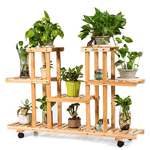 Giantex Rolling Flower Rack Wood Plant Stand on Wheels 6 Wood Shelves 12 Pots Bonsai Display Shelf Indoor Outdoor Yard Garden Patio Balcony Living Room Storage Rack Bookshelf Hollow Shelves (Natural)