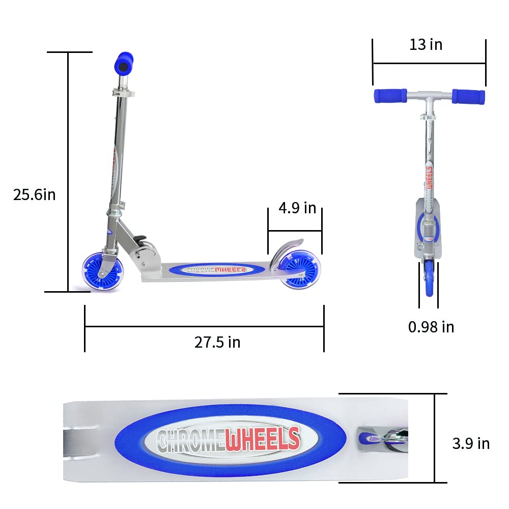 ChromeWheels Kick Scooter for Kids, Deluxe 2 Light Up Wheels 4 Adjustable Height with Kickstand, Best Gift for Age 5 up Kids Girls Boys, 132lb Weight Limit