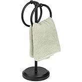 J&V TEXTILES Steel Towel Rack Holder Stand with 2 Hanging Rings for Bathroom Vanity Countertops - Space Saving Hand Towel Holder (Matte Black)