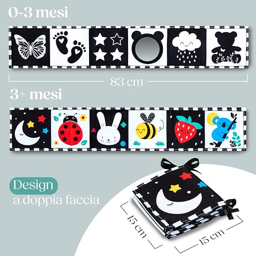 WELLODE Montessori Baby Sensory Book with Teddy Mirror – Black and White Book in Fabric, Montessori – Ultra Soft, Safe and Washable, Ideal for Visual Development and Tummy Time (0-12 Months)