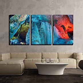 3 Piece Canvas Wall Art - Colorful Limestone Cave with Perfect Reflections in Water - Modern Home Art Stretched and Framed Ready to Hang - 16"x24"x3 Panels