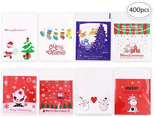 400 Pcs Christmas Plastic Cellophane 8 Different Style Cookie Treat Bags Candy Bags Self Adhesive Clear Cookie Bags for Party Gift Supplies(4"x4")