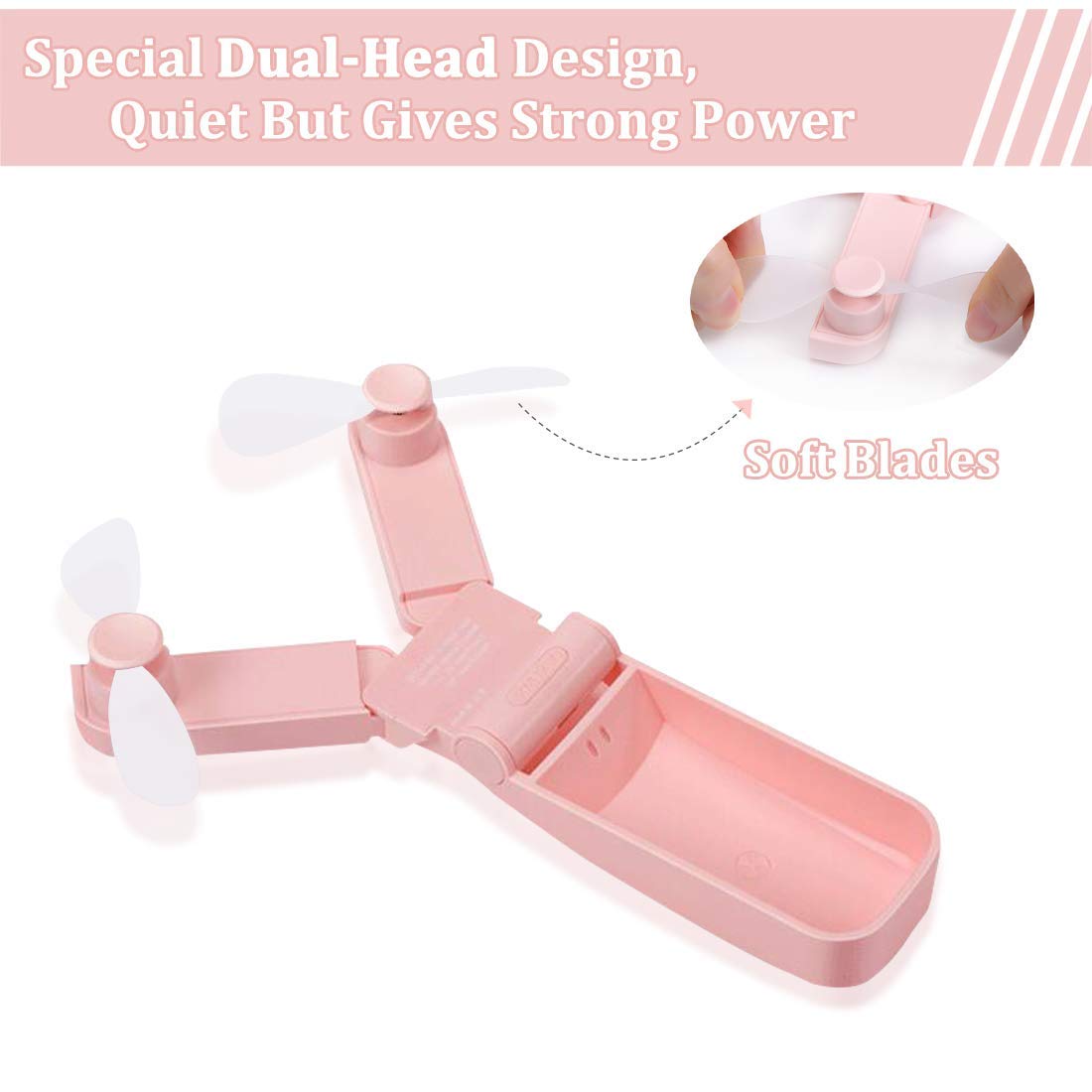KuDiff Mini Handheld Fans Personal Fan Dual Heads Battery Operated Portable USB Rechargeable Small Desk Fan Electric Pocket Folding Fan for Travel/Home/Outdoor/Work/Summer (Pink Dual Head) (Pink)