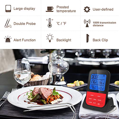 Luxear Wireless Remote Meat Thermometer Instant Read Digital Kitchen Cooking Thermometer with Large LCD Dual Probe Food Thermometer for Smoker Oven Kitchen Candy BBQ Grill 100 Feet Range