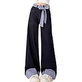 kakarin choyx Fashion High Waisted Straight Leg Jeans Y2K Casual Cute Plaid Bow Tie Drawstring Patchwork Denim Pants