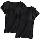 2 Pack T Shirt with Built-in Bra Women Cotton Workout Tops Padded Bras Plus Size Short Sleeve Yoga Shirts Undershirts