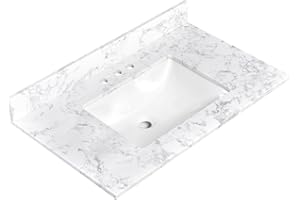 LOCALAND 36x22 Inch Bathroom Vanity Tops, White Engineered Stone Vanity Top with Sink for Bathrooms with Middle Sink, Vanity Countertop 8 Inch Faucet 3 Hole Spread with Backsplash (Not included Faucet)