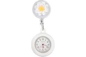 WOFASHPURET 1 Pc Retractable Nurse Watch - White Floral Clip On Lapel Fob for Doctors Nursing Student Portable Pocket Timekee