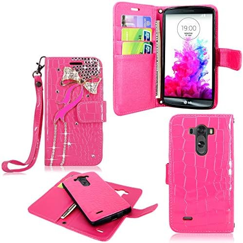 LG G3 Case - Cellularvilla Diamond Glitter Bow Design Pu Leather Flip Wallet Pocket Card Slots Case and Detachable Hard Soft Back Cover with Hand Strap Wristlet Pouch for LG G3 (Hot Pink Bow Tie)