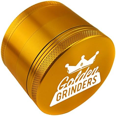 Golden Grinders - Gold 2.5 inch HERB GRINDER 4 Piece Tobacco Weed Spice Herb Grinder Metal Pollen Catcher Screen Tray Scrapper Large 2.5 Inch " 63.5mm Millimeter Gold Aluminum Magnetic Cover