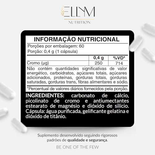 Picolinato De Cromo 250mcg Puro 60 Cápsulas ELLYM NUTRITION Auxilia No Metabolismo De Proteínas, Carboidratos E Gorduras