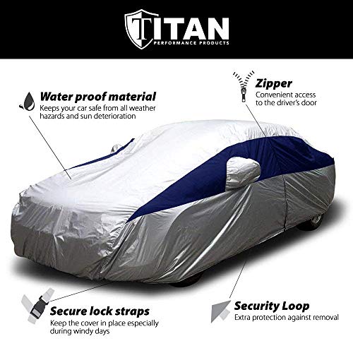 Titan Lightweight Car Cover (Midnight Blue) for Camry, Mustang, Accord and More. Waterproof Car Cover Measures 200 Inches, Comes with 7 Foot Cable and Lock. Features a Driver-Side Zippered Opening.