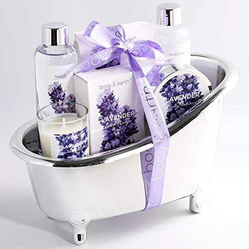 Body & Earth Gift Sets for Women, Lavender Spa Bath Set 6pcs- Scented Candle, Shower Gel, Bath Salt, Bubble Bath, Body Lotion, Womens Gift Sets for Her, Beauty Gifts Sets for Women, Gifts for Mum