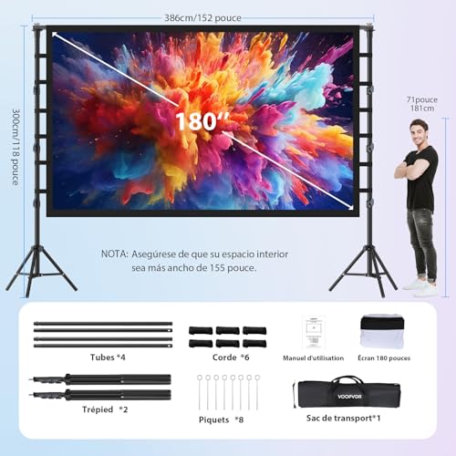 VOOPVOR 180" Portable HD Projector Screen with Tripod 16:9 4K HD Projection Screen for Indoor/Outdoor with Carry Bag and Height Adjustable Stand for Home Theater and Motorhome