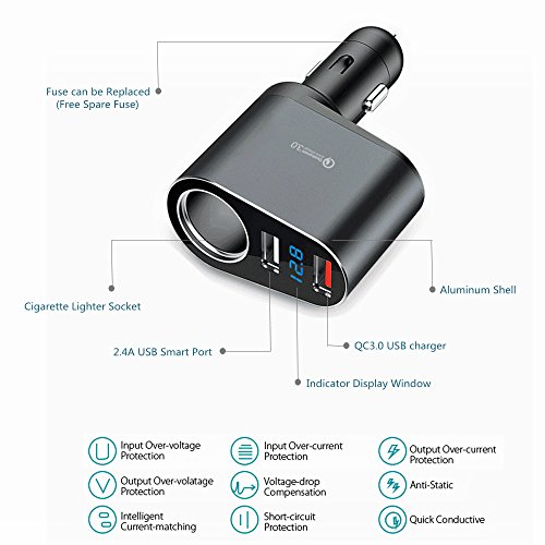 Car Charger Adapter, 60W Cigarette Lighter Socket Splitter, Dual USB Quick Charge 3.0 and 2.4A USB, Voltage Display for iPhone,iPad,Smart Phone,Andriod,Samsung,Dash Cam,GPS (12V-24V) - Thumbnail 2