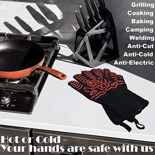 HIGHCAMP Heat Resistant Grill BBQ Gloves Oven Mitts - Hot Grilling Cooking Baking Frying Smoking Gloves with Toaster Bags - Perfect As Kitchen Household Camping Red