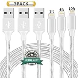 Youer Lightning Cable 3Pack 3FT 6FT 10FT Nylon Braided Certified iPhone Cable USB Cord Charging Charger for Apple iPhone 8, X, 7, 7 Plus, 6, 6s, 6+, 5, 5c, 5s, SE, iPad, iPod Nano, iPod Touch Silver