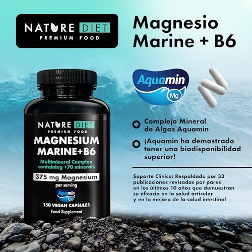 Magnesium Marine + B6-375 mg de Magnesio por porción - 150 Cápsulas Veganas - Complejo Multimineral con Aquamin - Apoya la Salud Ósea, Muscular y Cardiovascular