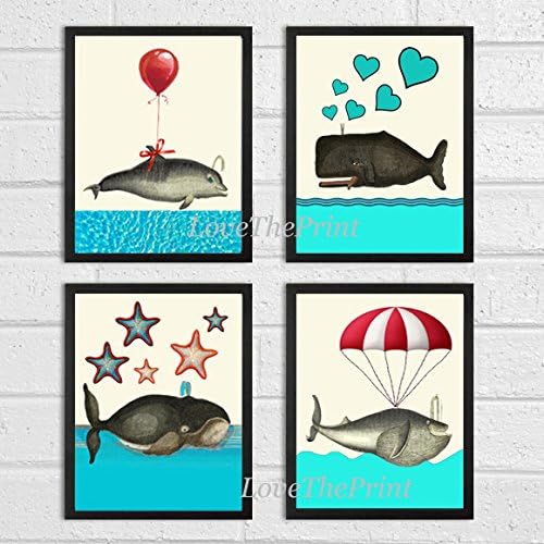 Child Room Nursery Wall Art Print Set of 4 Prints Dolphin Whale Hearts Stars Ocean Sea Red Balloon Home Decor Unframed