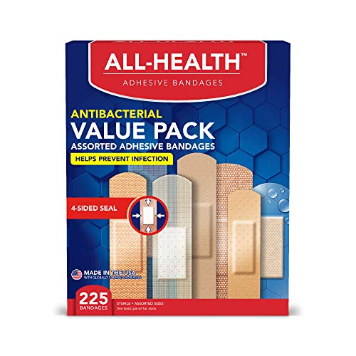 All-Health Antibacterial Bandage Family Value Pack, Variety 225 ct | Various Sizes for First Aid and Wound Care