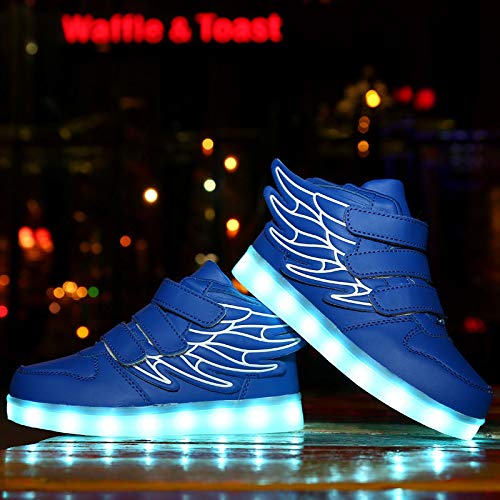 RioRand Kids Lights Up Sneakers Boys Girls Flashing Rechargeable Dance Shoes Athletic Wings Fashion High Top 7 Colors LED Shoes Blue