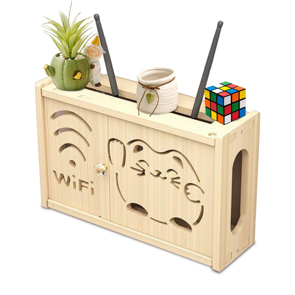 LUPATDY Solid Wood Router Cabinet, Wall Mounted WiFi Router Storage Box Organiser Decorative Shelf (Lucky Cat)