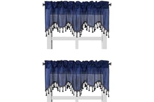 GENERIC Solid Faux Silk Swag Waterfall Cascade Ascot Window Curtain Valance w/Tassels Trim 55" x18" Wave (2, Navy Blue)
