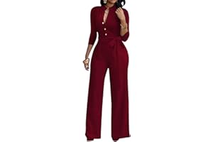 LALALIN Sexy 3/4 Sleeve Jumpsuit for Women V Neck High Waisted Long Wide Leg Pant Button Down Party Romper with Belt