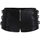 BEAUDRM Women's Y2K Sexy Faux Leather Shorts Metal Buckle Skinny Micro Shorts Party Rave Outfits