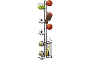 Tuenort Basketball Ball Storage Rack, 7 Tier Freestanding Basketball Holder, Garage Ball Storage Sport Organizer Rack with Basket for Volleyball Football Basketball, Indoor, Outdoor
