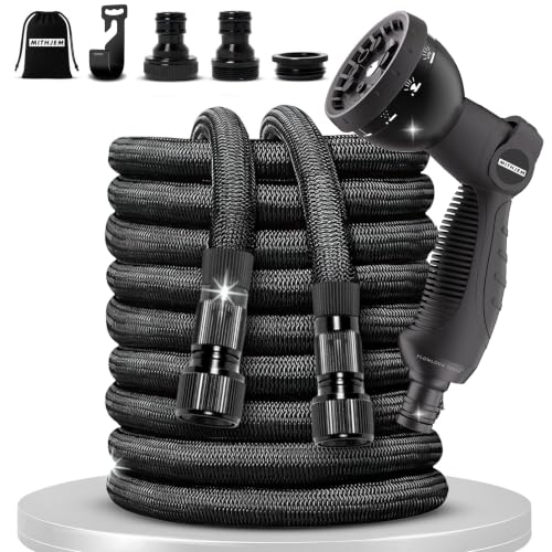 Mithjem 30m Expandable Garden Hose - 3750D Polyester, Adaptable Metal Fittings 1/2" and 3/4", Leak Proof - 10 Modes Gun, Lightweight, Storage Bag - Large Garden, Patio, Car