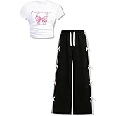 Afsmlys Tween Girls Clothes Short Sleeve Graphic T-Shirt Top + Bow Knot Pants 2 Piece Outfit Set, Size 7-14Years