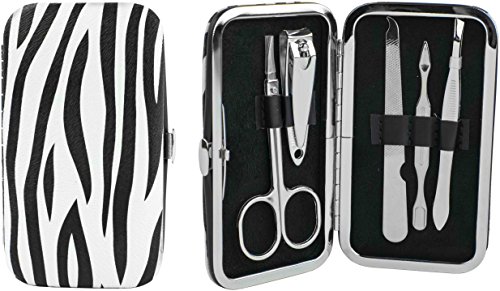 5-Piece Manicure Grooming Kit Set in Zebra Print Travel Case (Clipper, Scissor, Double-Sided Push Stick, Nail File, Tweezers)
