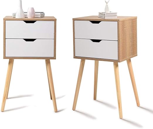 Amazon Com Gmnew 2 Drawer Nightstands Storage Bedside Tables End Side Coffee Tables Night Stands With Solid Wood Legs For Bedroom Living Room Home Furniture 2 White Wood Kitchen Dining