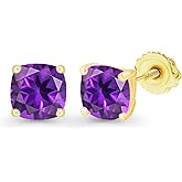 14K Gold Plated 925 Sterling Silver Hypoallergenic 4mm Cushion Cut Genuine Birthstone Solitaire Screwback Stud Earrings