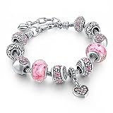 Long Way Silver Tone Chain Pink Crystal Love Heart Bead Glass Charm Bracelet With Extender 7.5
