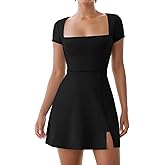 Dokuritu Womens Tennis Dresses Short Sleeve Square Neck 2024 Side Slit Double Lined Golf Athletic Dress with Built in Shorts