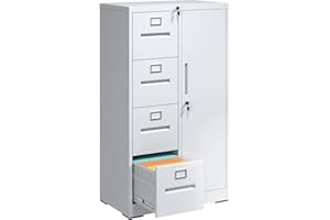BIZOEIRON 4 Drawer File Cabinet with Lock and 1 Door, Metal Vertical Filing Cabinets for Home Office, Steel Storage Cabinet for Hanging Legal/Letter Size Files, Assembly Required(White)